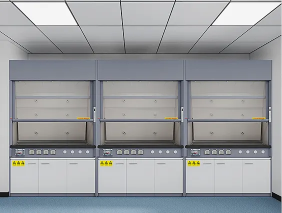 Three gray narrow-edge fume hoods installed in a laboratory with control panels and white base cabinets