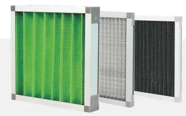 Three panel primary air filters with aluminum frames and green, silver and black filter media