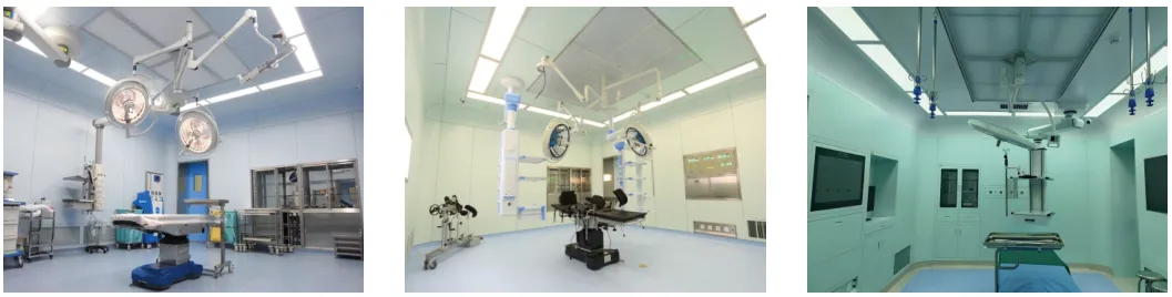 Three-photo collage of installed modular operating rooms with surgical lights and operating tables