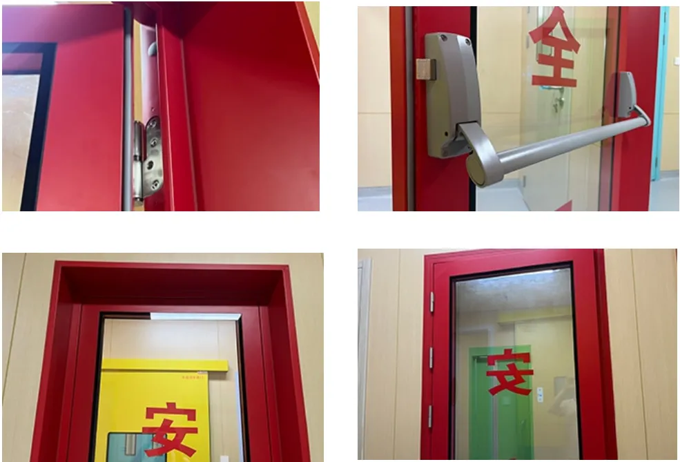 Four-photo collage of red steel security doors showing hinges, panic push bar, and glass panels