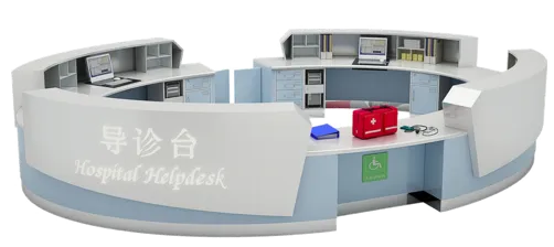 Circular hospital information desk in white and blue with computers and first-aid kit
