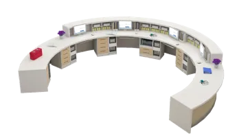 White semicircular information desk with curved workstations, monitors, drawers and open entry gap