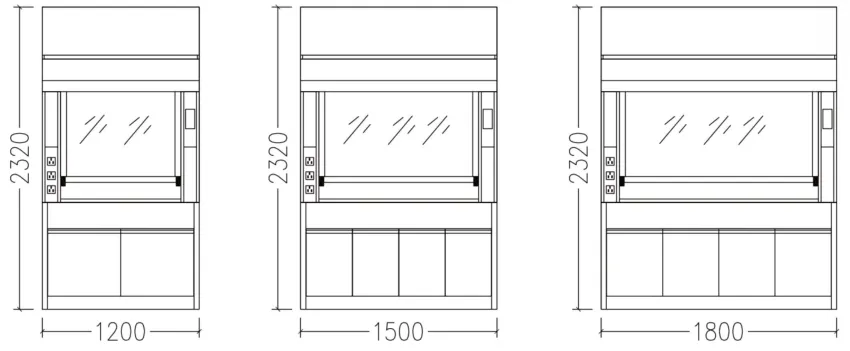Three CAD elevations of A-series fume hoods in 1200, 1500 and 1800 mm widths