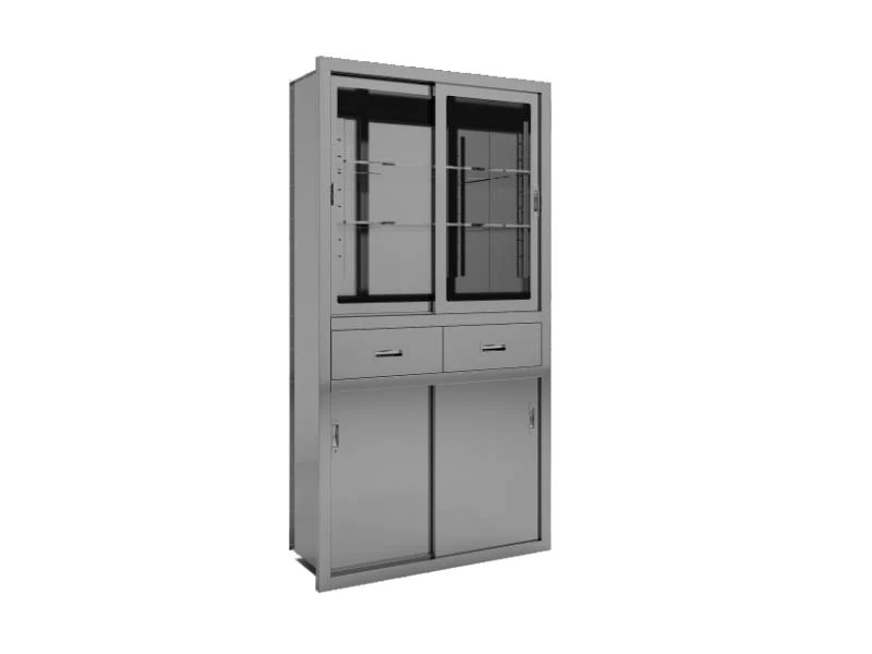 Stainless steel anesthesia cabinet with glass sliding doors, two drawers and lower storage