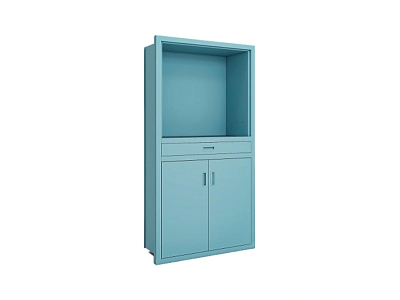 Tall blue steel computer cabinet with open upper compartment, middle drawer and double lower doors