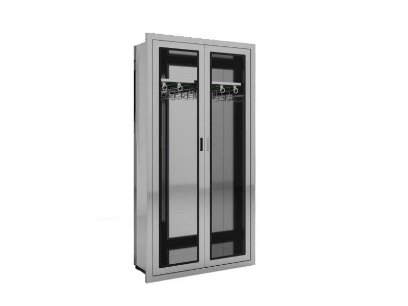 Stainless steel double-door conduit cabinet with tinted glass doors and interior hanging hooks, studio shot