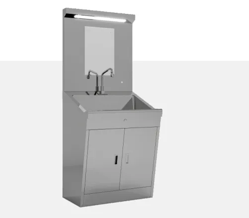 Single-person stainless steel hand-washing sink with mirror, LED light and dual gooseneck faucets