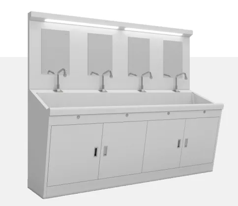 White four-station hand-washing sink with faucets, mirrors and lower storage cabinets