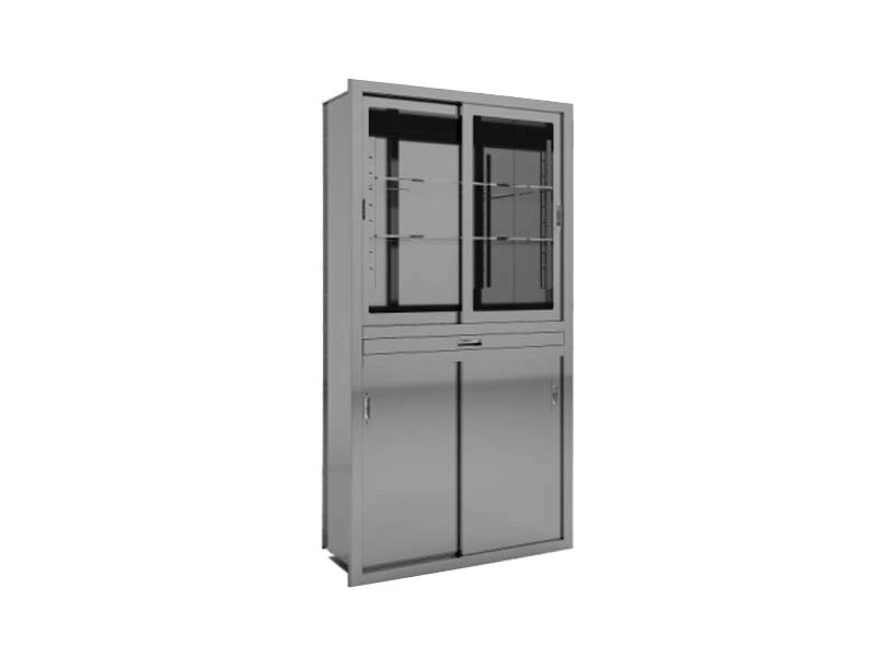 Stainless steel medicine cabinet with glass sliding doors, drawer and lower sliding doors