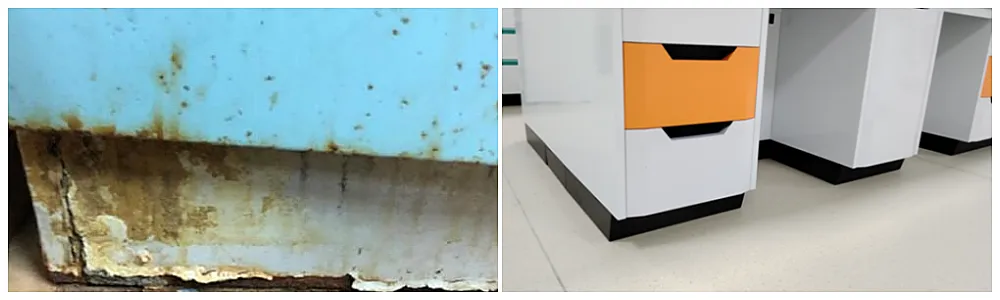 Two-panel comparison of a rust-damaged cabinet beside a white steel lab bench with orange drawers