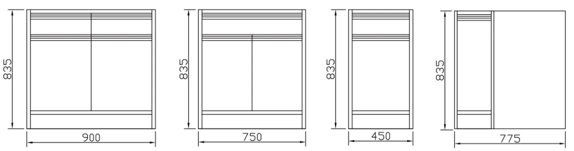 Dimensioned engineering drawing of all-steel laboratory bench with four elevation views