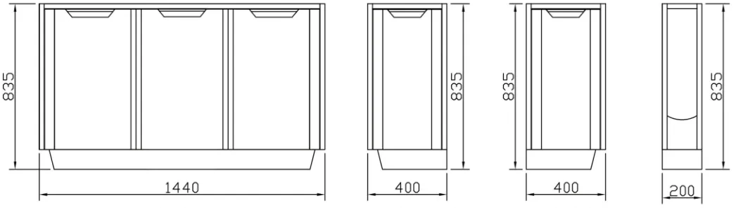 Dimensioned CAD drawing of B-series all-steel laboratory bench cabinets in four elevation views