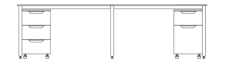 Black and white CAD elevation of C-series all-steel laboratory benches with drawer pedestals and casters