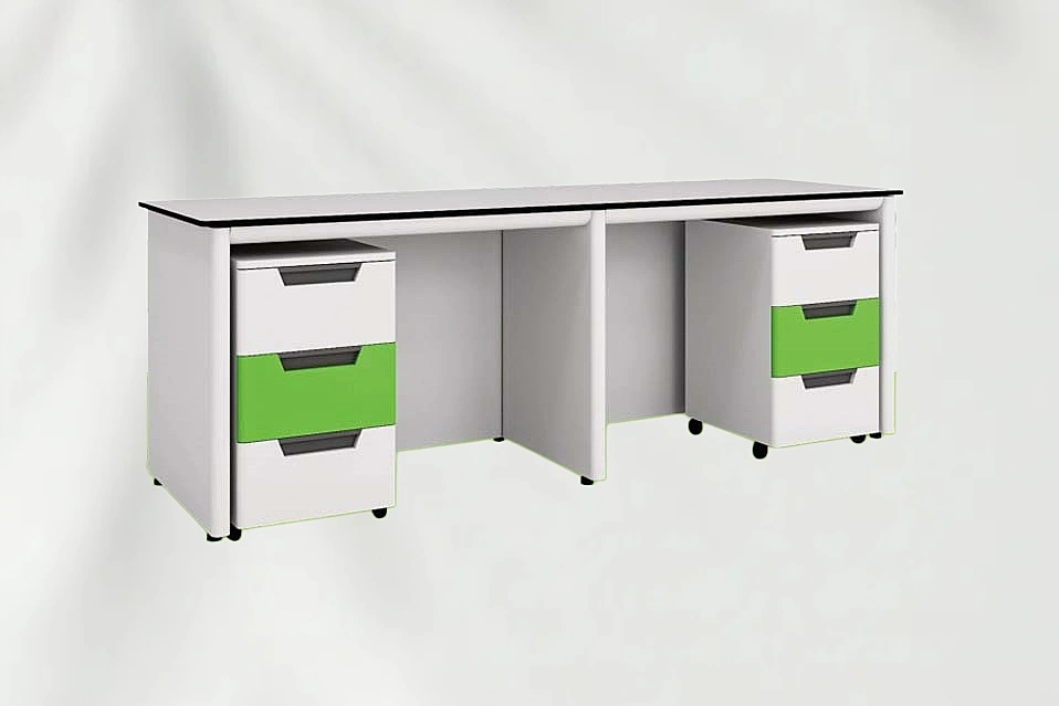 All-steel laboratory bench with two mobile green-accented drawer pedestals on casters