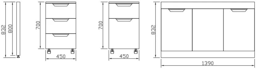 Technical dimension drawing of all-steel laboratory bench cabinets on casters, elevations and side view