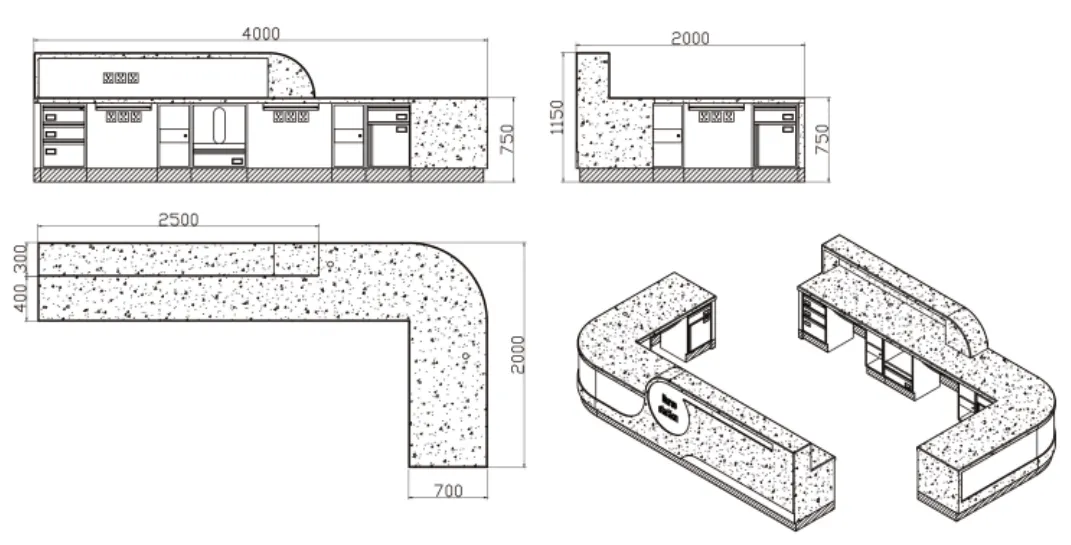Multi-view technical drawing of L-shaped and U-shaped nurse stations with dimension annotations