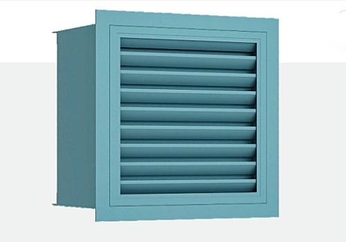 Teal-painted square surgical room return air outlet with horizontal louver grille and rear duct