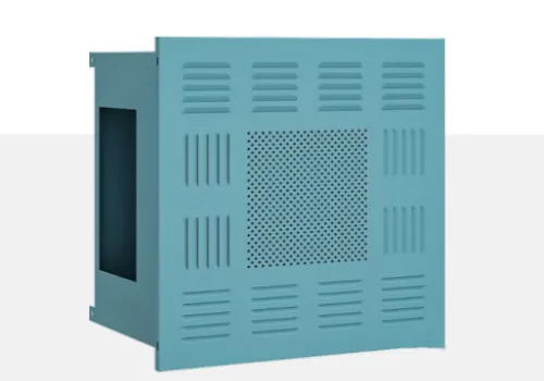 Blue square surgical room return air outlet with perforated center panel and louvered sides
