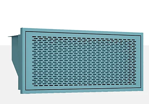Rectangular blue surgical room return air outlet with dense slotted perforated grille and side duct