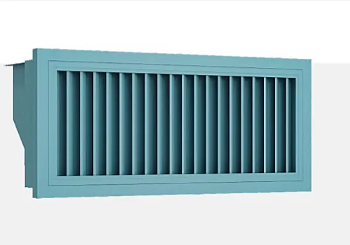 Blue-green surgical room return air outlet with vertical louvered slats and rear duct connection