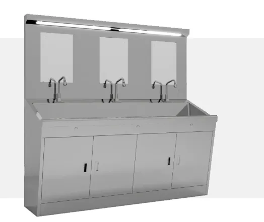 Three-person stainless steel hand-washing sink with mirrors, six faucets and lower cabinet doors