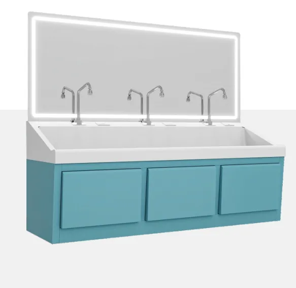 Three-seat wall-mounted knee-controlled handwashing sink, white basin with teal cabinet doors and LED panel
