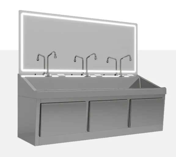 Three-seat stainless steel knee-control handwashing sink with six faucets and LED-lit backsplash
