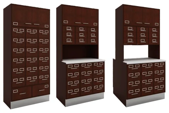 Three dark wood traditional Chinese medicine cabinets with rows of small labeled drawers