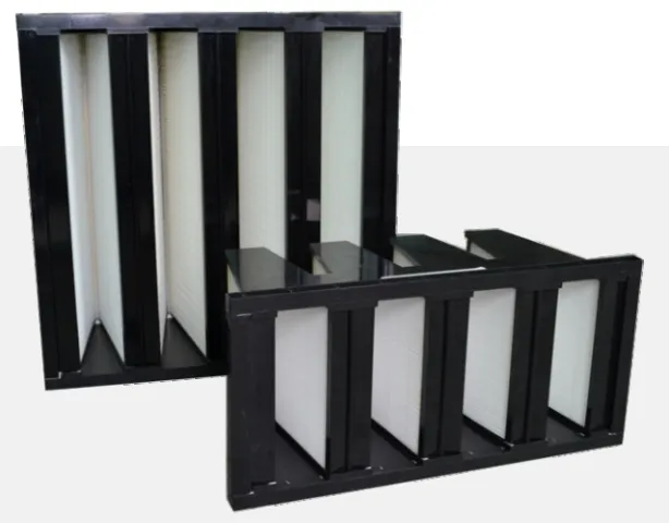 Two V-bank high-efficiency air filters with black frames and white pleated media