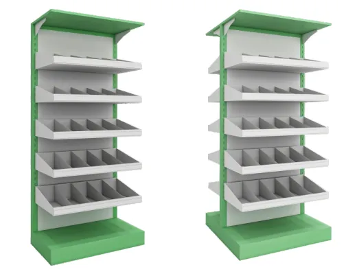 Green and white western medicine shelves with angled compartmented tiers, shown in single and double-sided views