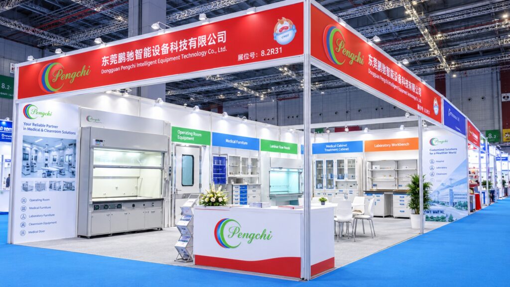 Un moderno y luminoso stand de exposición en esquina del fabricante de equipos médicos y de laboratorio Pengchi, stand 8.2R31 en un centro de convenciones, con pasillos alfombrados de azul y cerchas metálicas vistas en el techo que sostienen focos superiores. Tiene un rótulo de cabecera rojo intenso, paredes blancas, alfombra gris, rótulos de productos codificados por colores, armarios y campanas expuestos, un mostrador de recepción con la marca, una zona de asientos, plantas en maceta y pósters que resumen sus soluciones para hospitales, laboratorios y salas limpias.