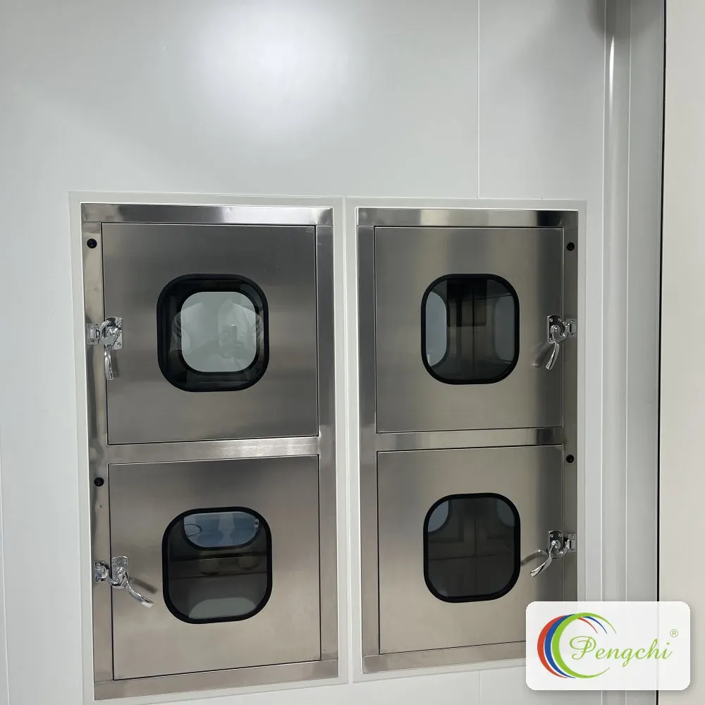 Two columns of brushed stainless steel cleanroom pass-through cabinets with interlocked compression latches at Shenzhen Aier Eye Hospital headquarters.
