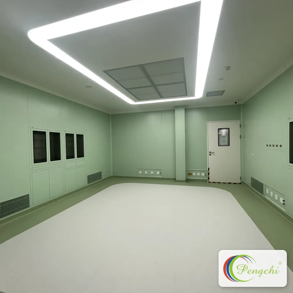 Empty modular clean room with seamless sage-green antibacterial walls, coved flooring and LED-ring HEPA filter ceiling built by Pengchi at Shenzhen Aier Eye Hospital.