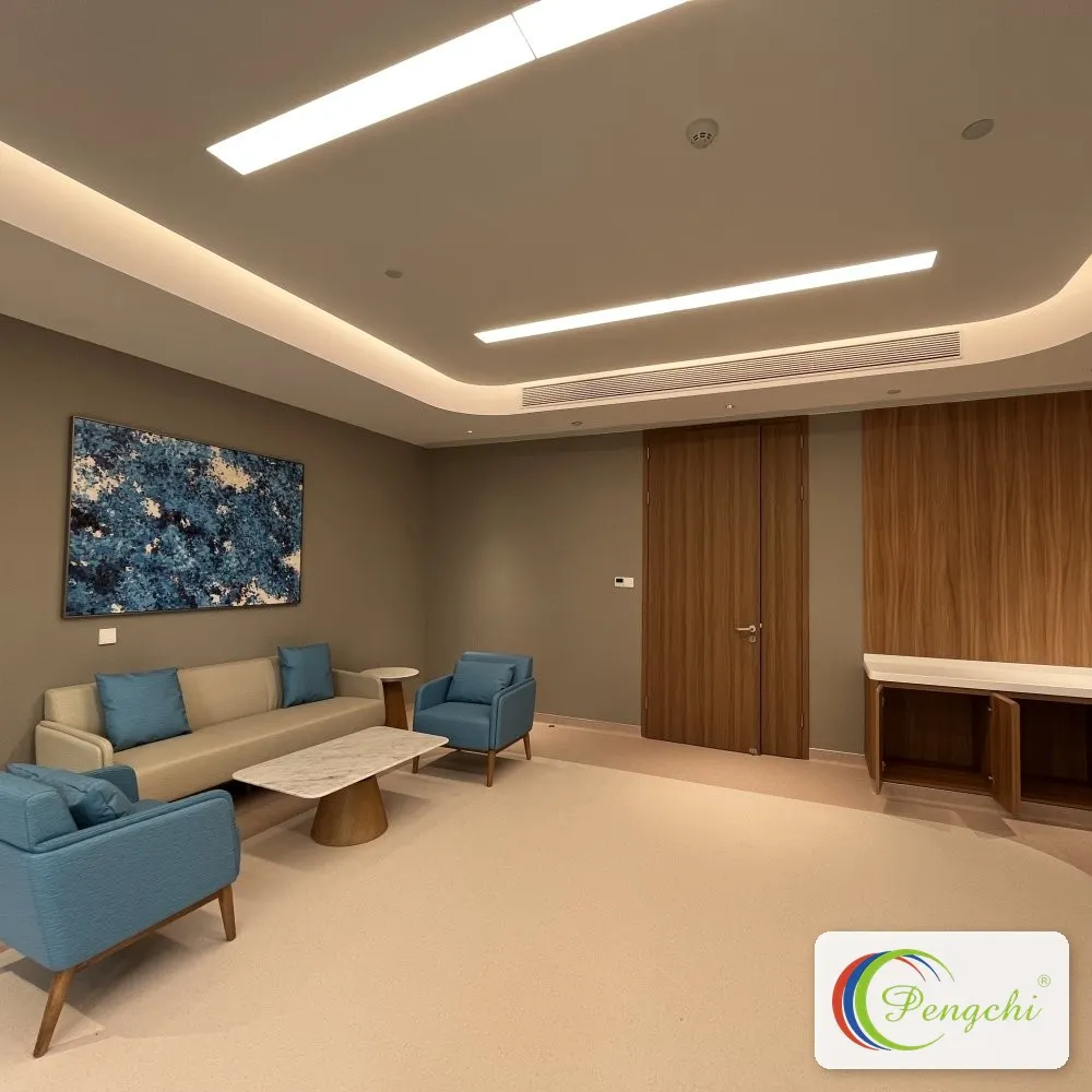 Warm-toned staff and patient lounge with healthcare-grade blue and beige seating furnished by Pengchi at Shenzhen Aier Eye Hospital headquarters.