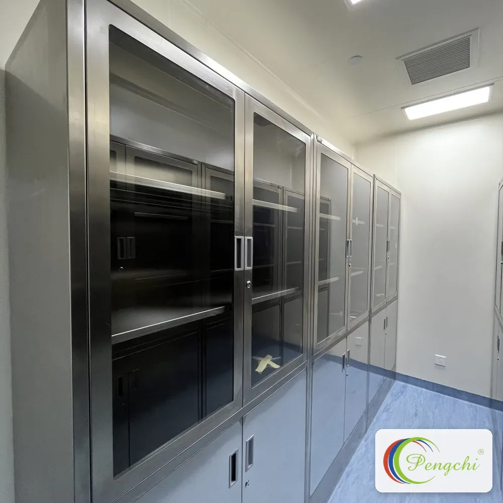 Long run of floor-to-ceiling brushed stainless steel and smoked-glass storage cabinets in the laboratory corridor of Shenzhen Aier Eye Hospital headquarters.