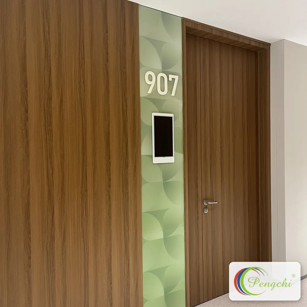 Warm wood-grain laminated medical ward door 907 with silver lever handle and integrated intercom panel at Shenzhen Aier Eye Hospital headquarters.